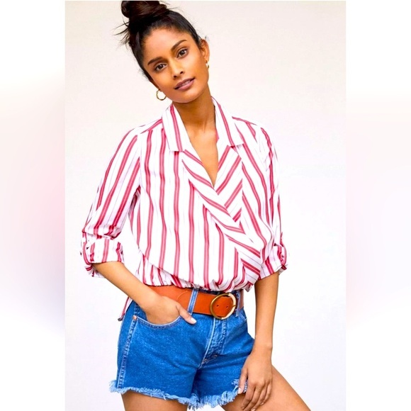 Anthropologie Tops - Harshman Anthropologie Striped Surplus Blouse In Red White Stripe High Low Sz M